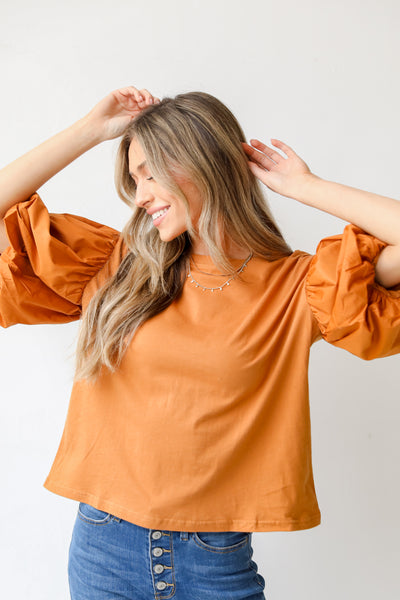 camel Puff Sleeve Top on model