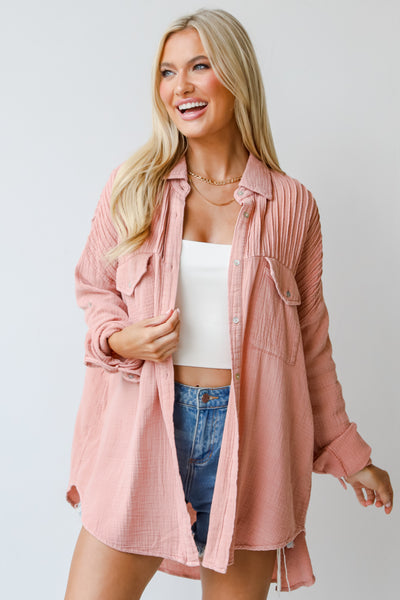 pink Linen Button-Up Blouse