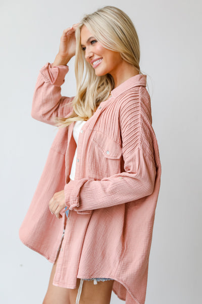 pink Linen Button-Up Blouse side view