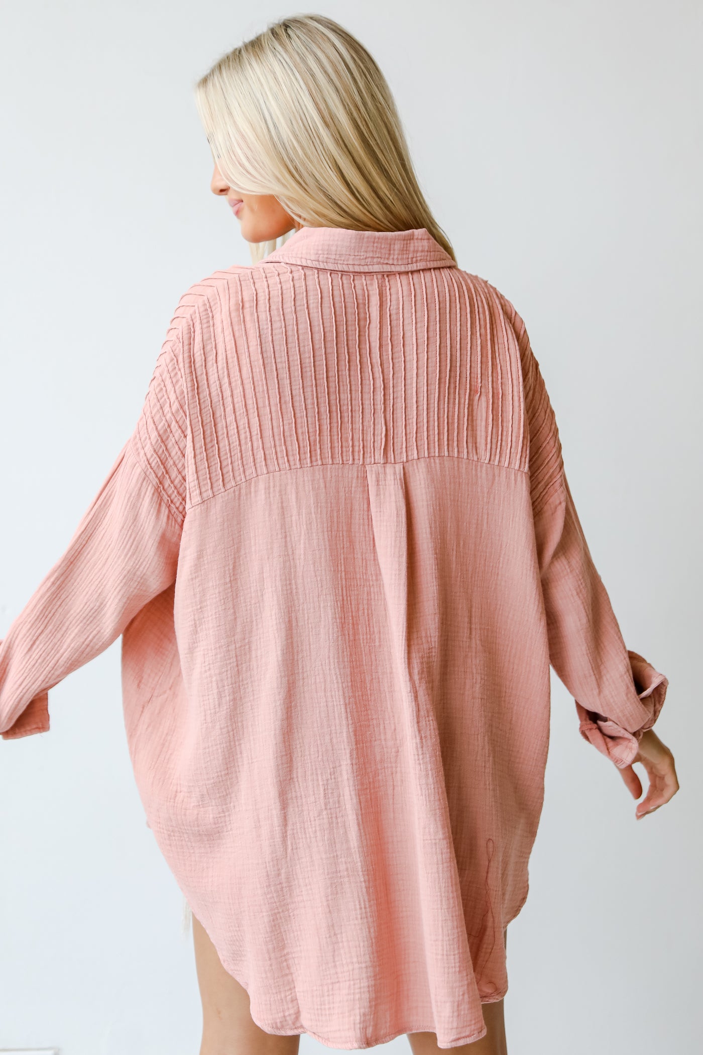pink Linen Button-Up Blouse back view