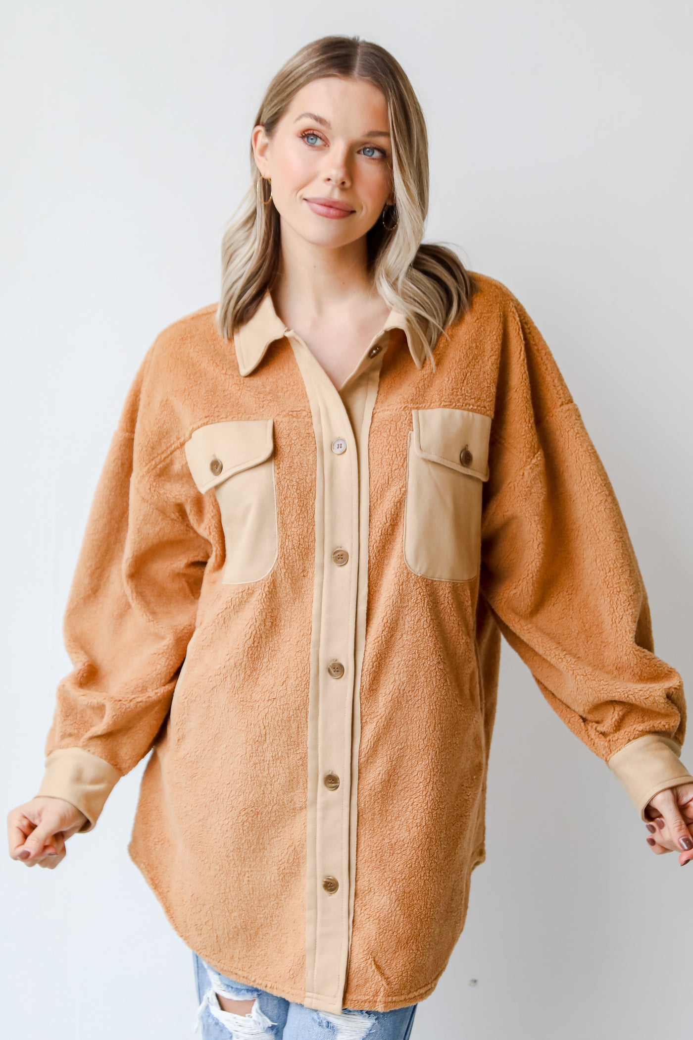 camel Fuzzy Knit Shacket front view