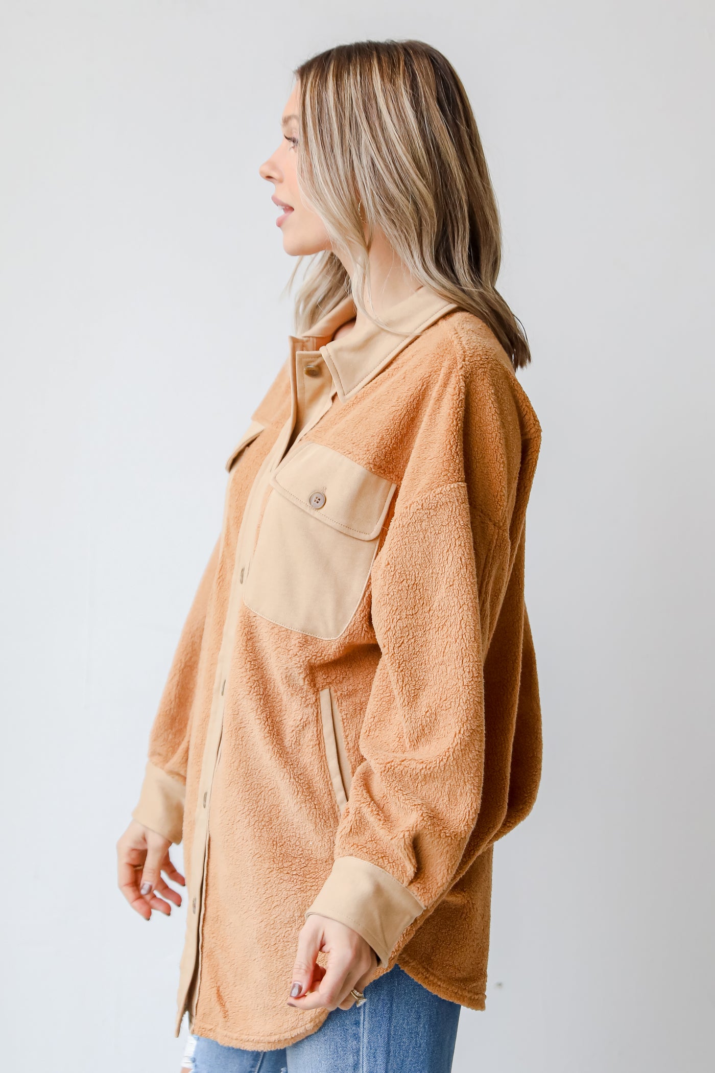 camel Fuzzy Knit Shacket side view