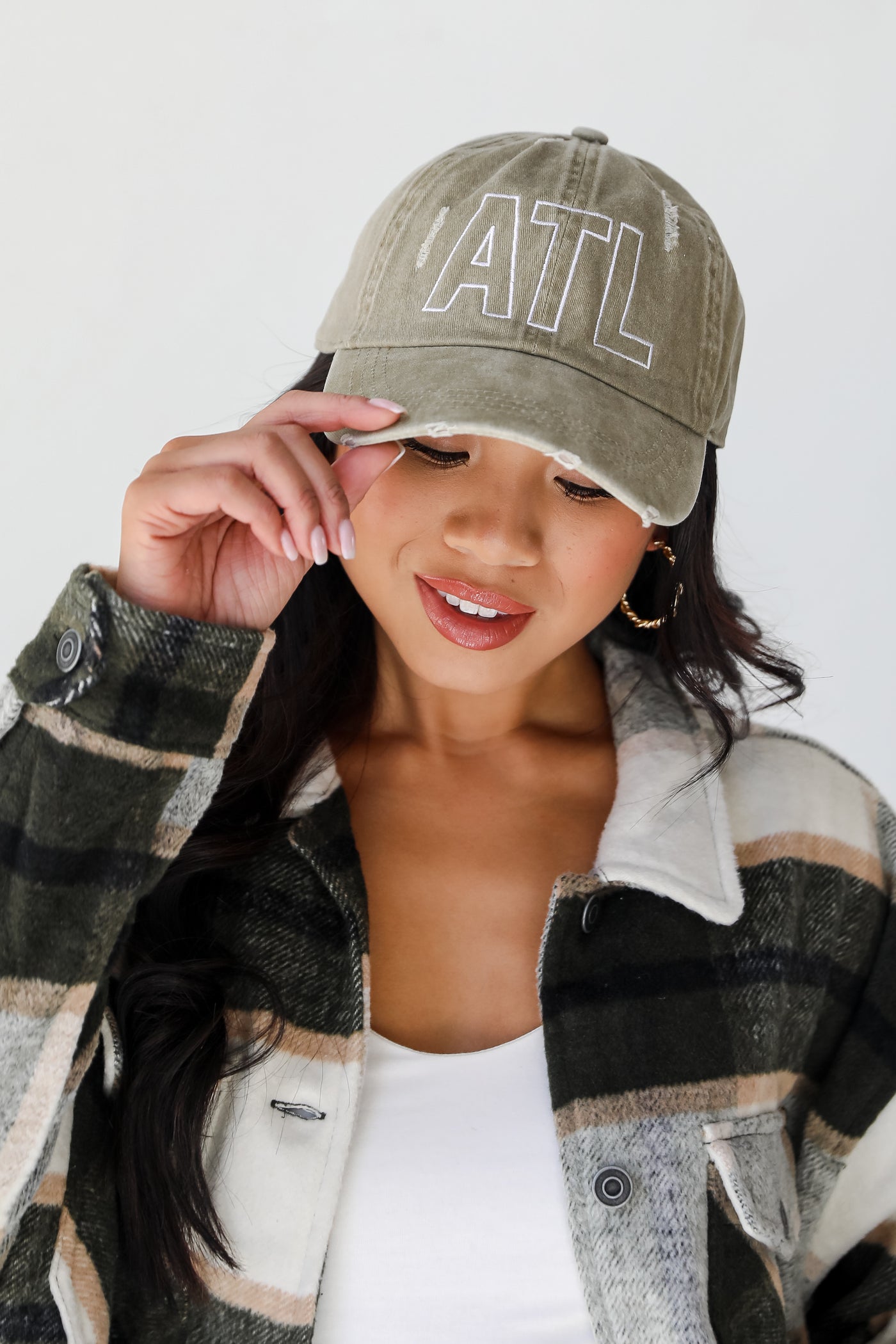 khaki ATL Distressed Embroidered Hat on model