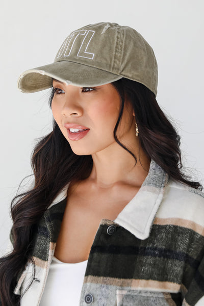 khaki ATL Distressed Embroidered Hat side view