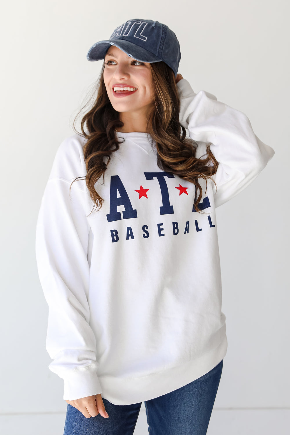 White ATL Baseball Star Pullover on model