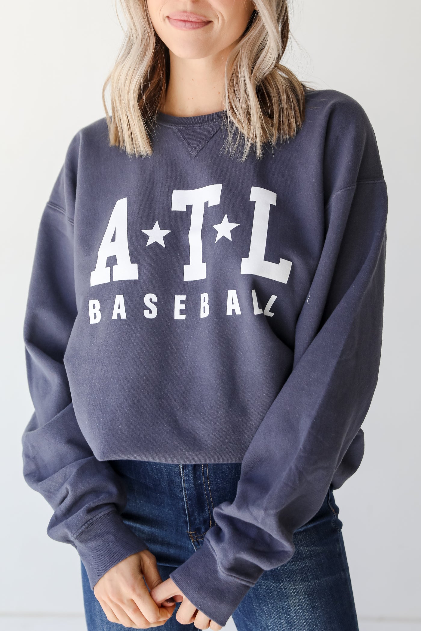 Denim ATL Baseball Star Pullover on model