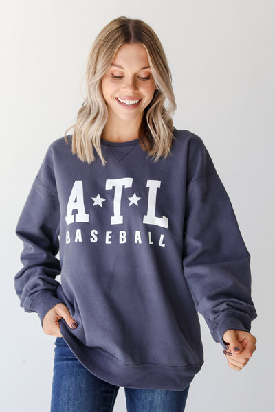Denim ATL Baseball Star Pullover. Graphic Sweatshirt. Braves Sweatshirt. Braves Game Day Outfit.