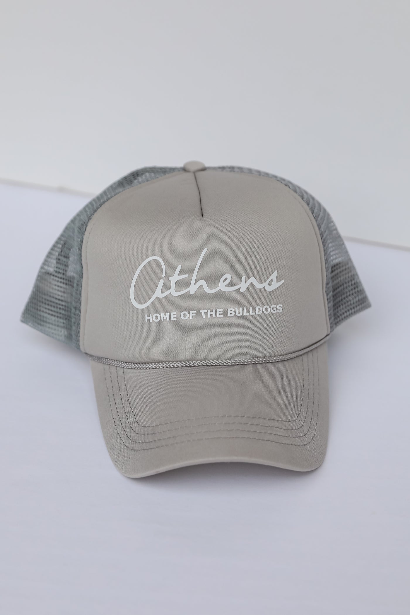 grey Athens Home Of The Bulldogs Trucker Hat flat lay