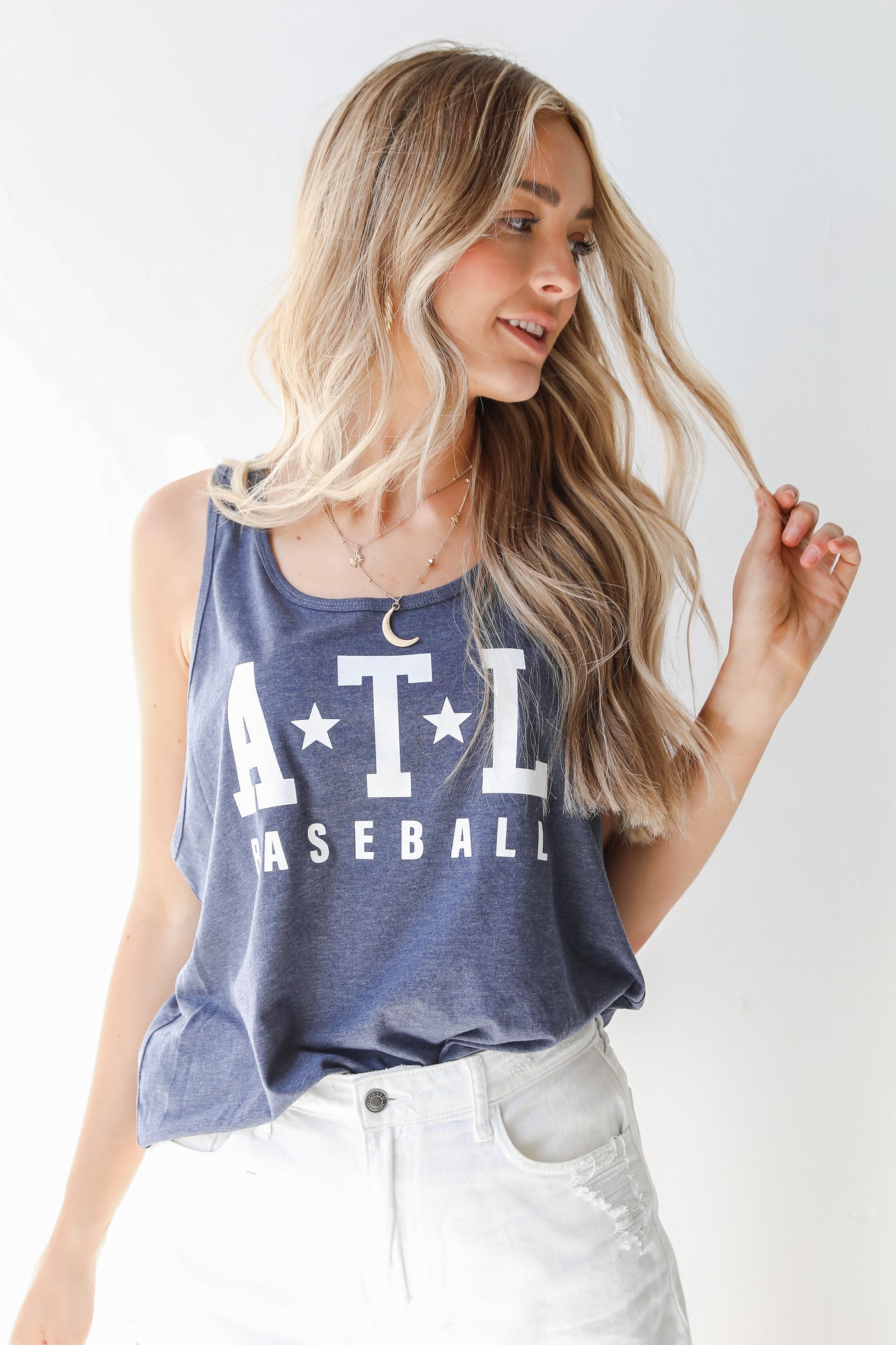 ATL Star Baseball Graphic Tank in navy front view