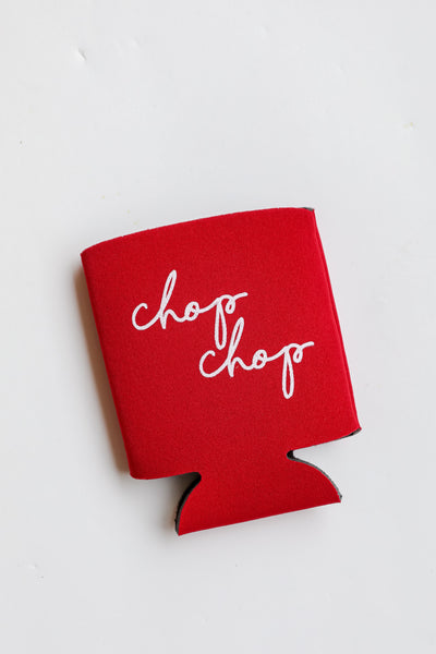 Chop Chop Script Koozie in red flat lay