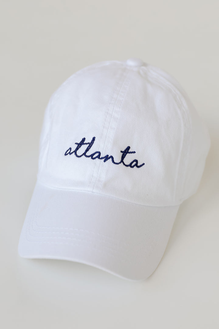 Atlanta Script Embroidered Hat in white flat lay