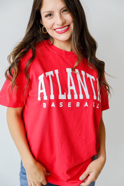Red Atlanta Baseball Graphic Tee on model
