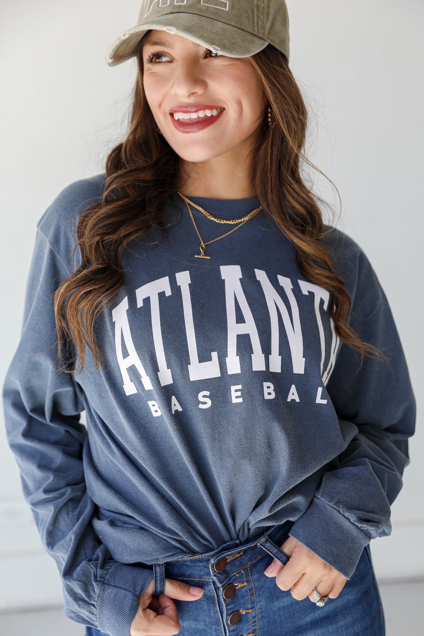 Denim Atlanta Baseball Long Sleeve Tee front view