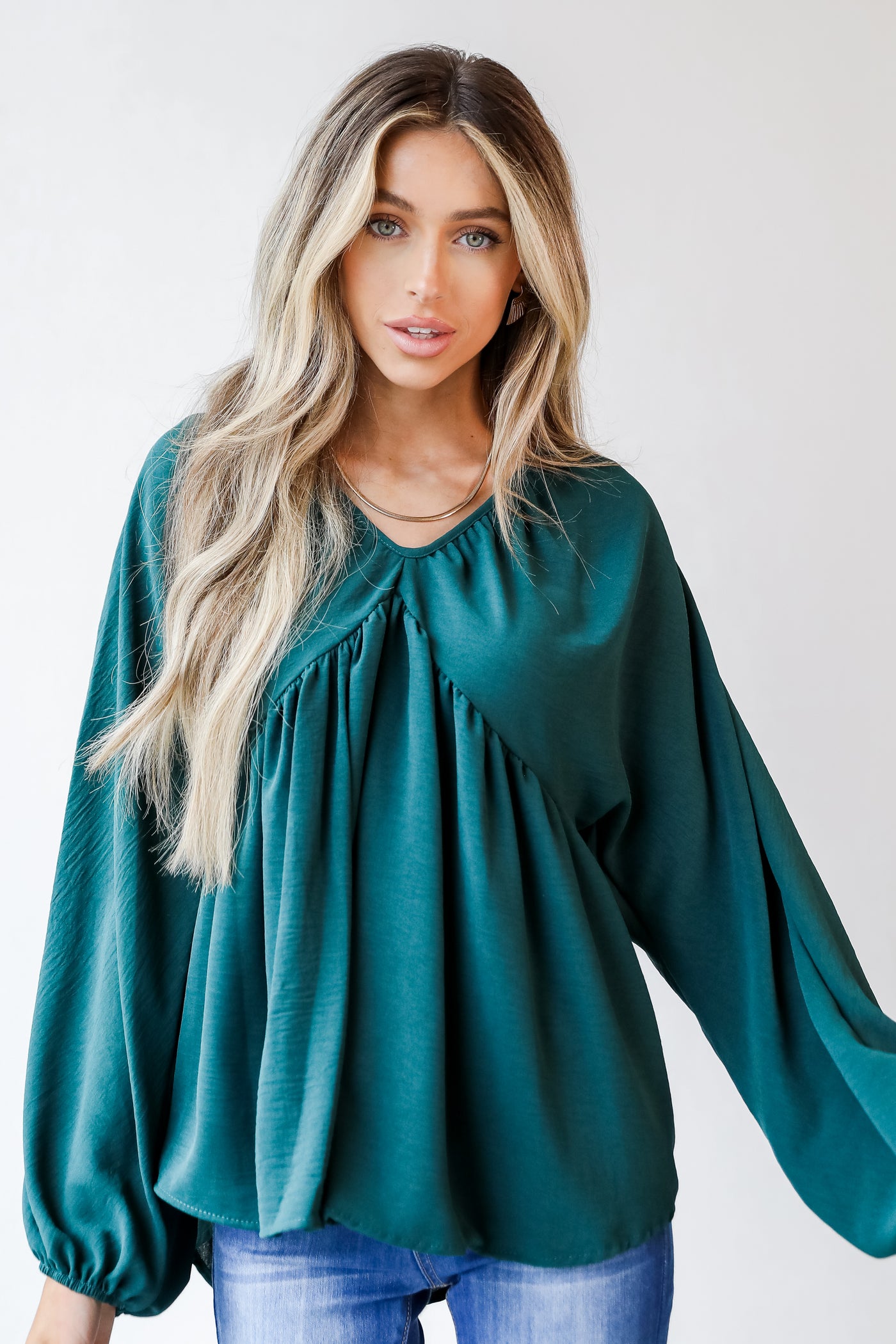 Babydoll Blouse in hunter green front view