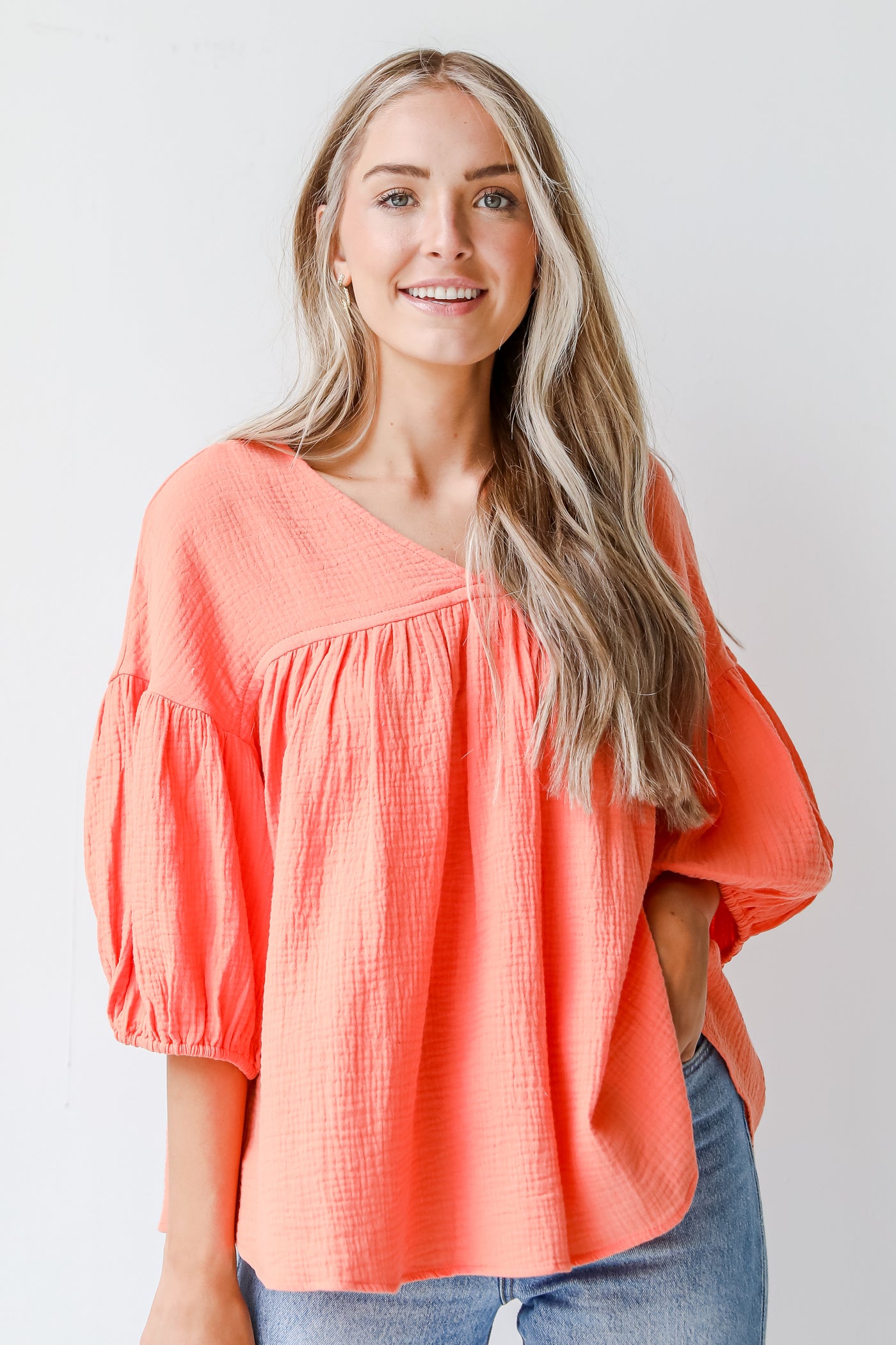 Linen Babydoll Blouse in coral