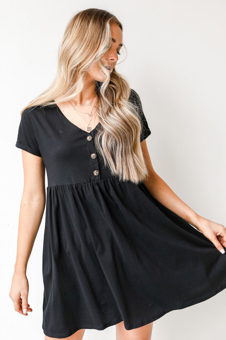 Button Front Babydoll Dress in black