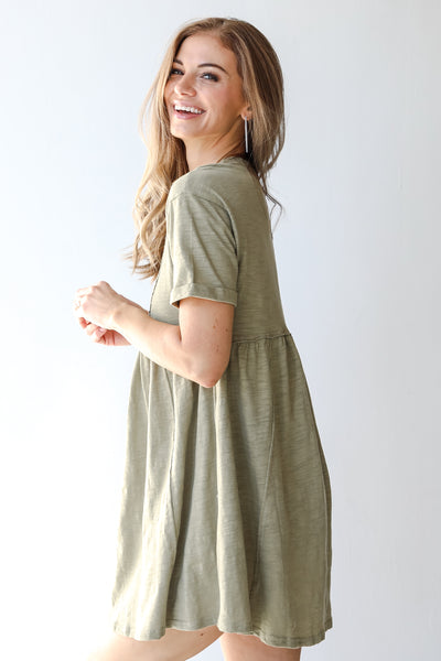 Babydoll Mini Dress in olive side view