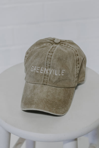 Greenville Embroidered Hat in khaki flat lay