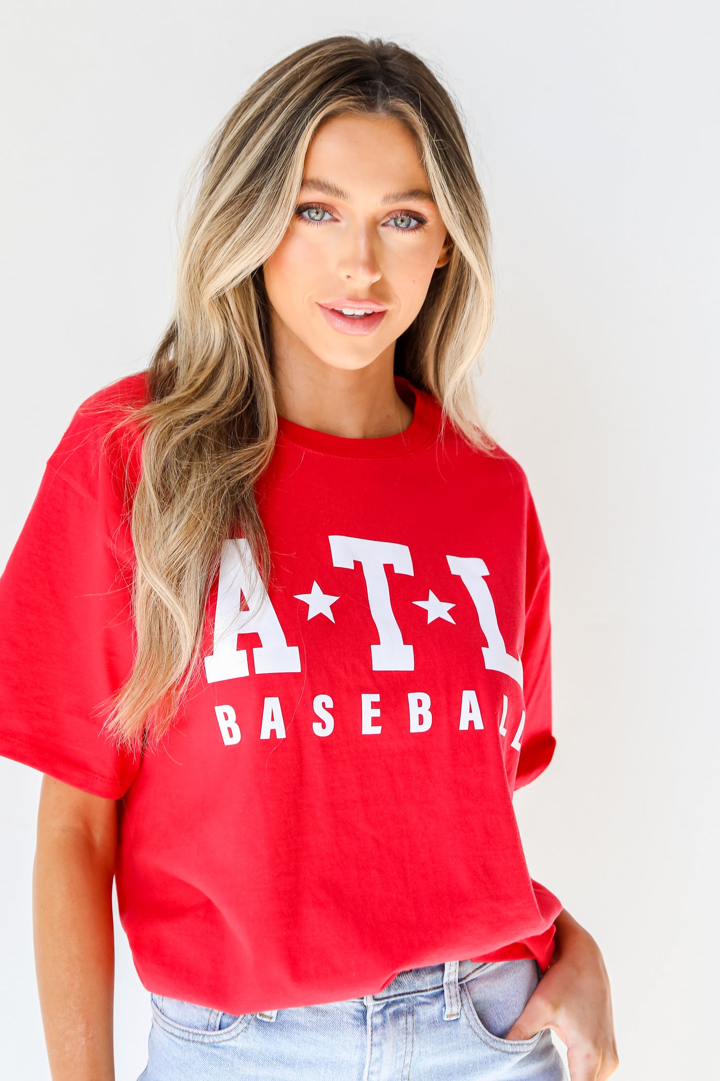 Red ATL Baseball Star Tee on model