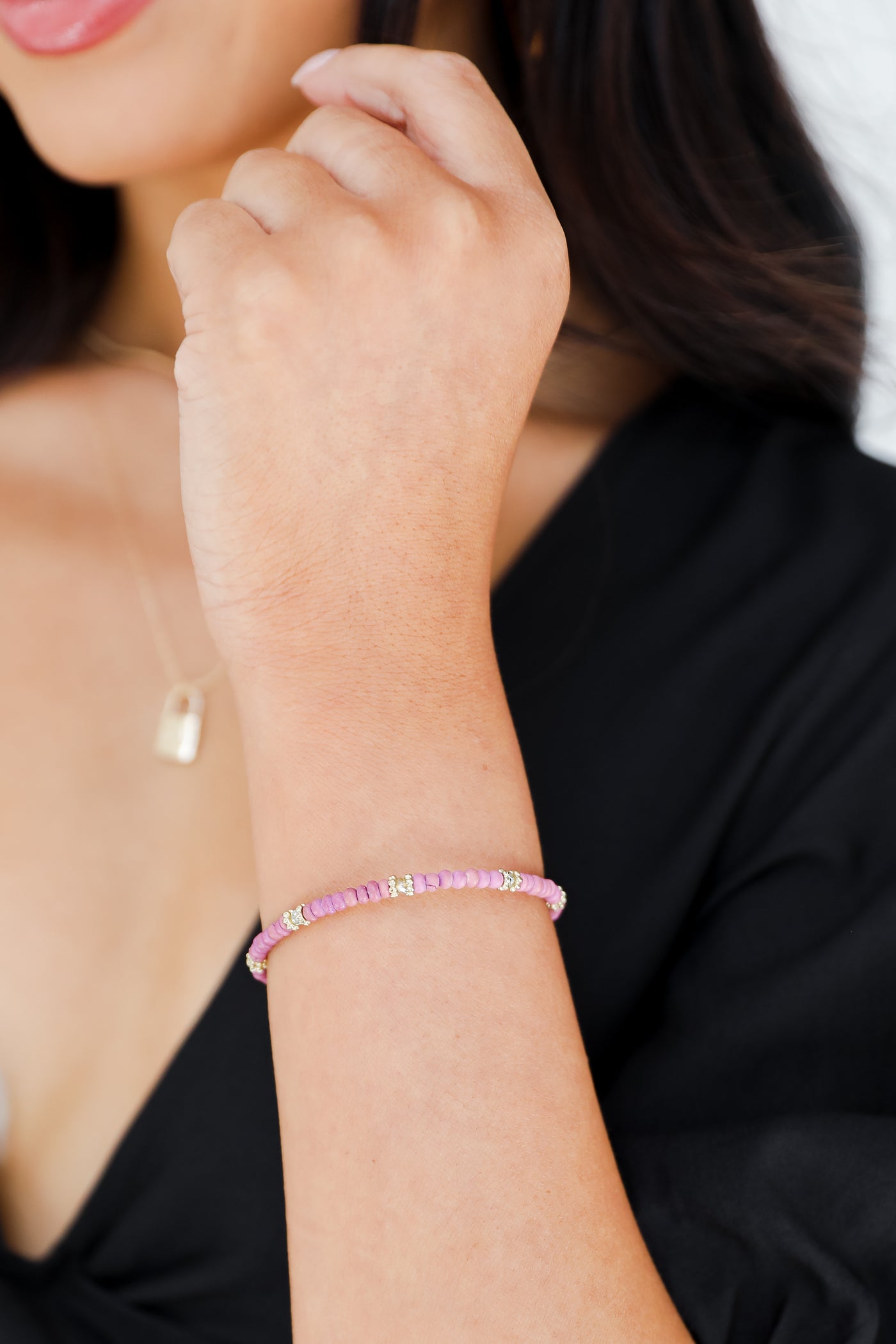 pink Beaded Bracelet on model
