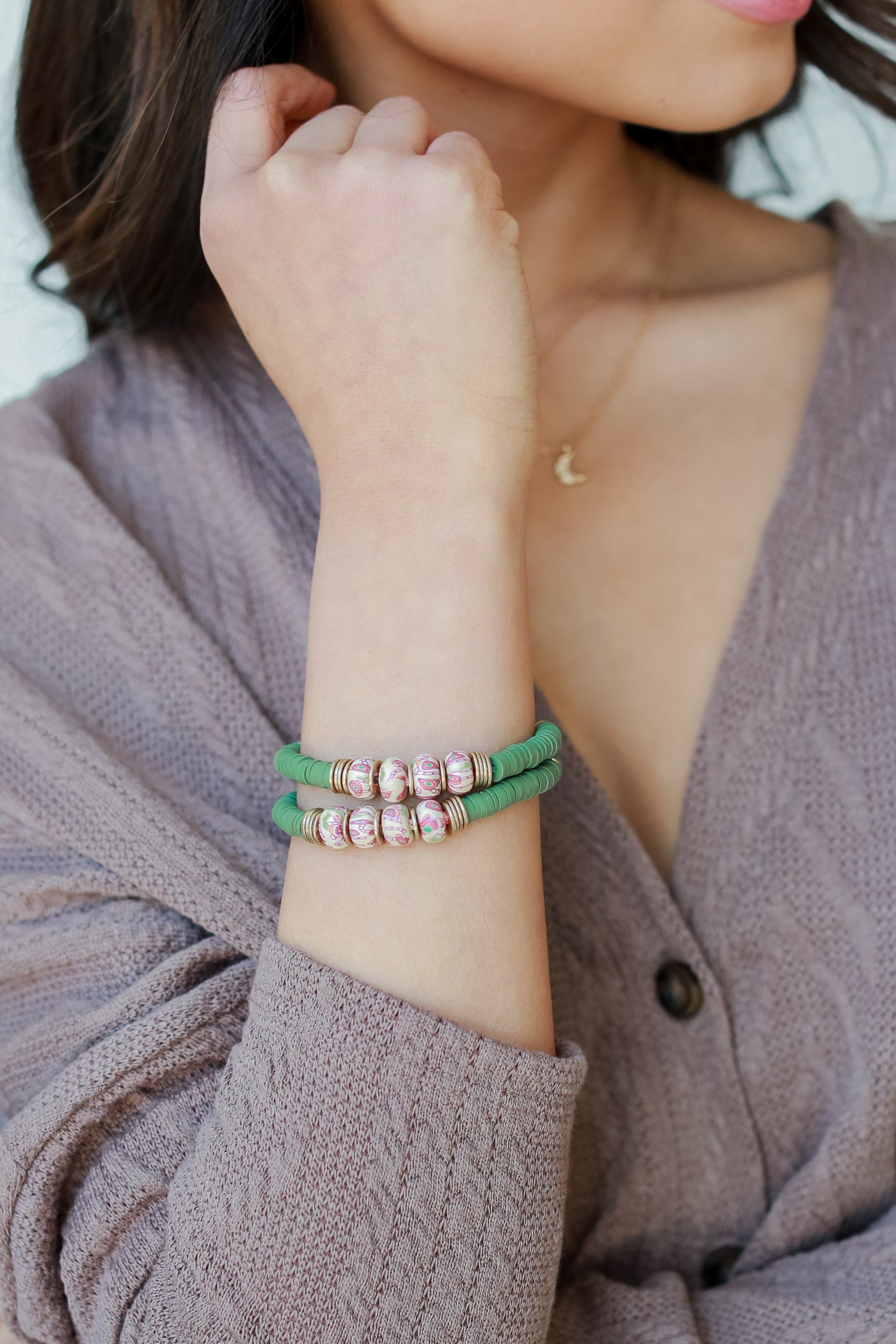 Beaded Bracelet Set in green on model