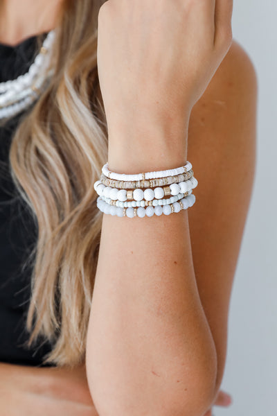 white Beaded Bracelet Set on model