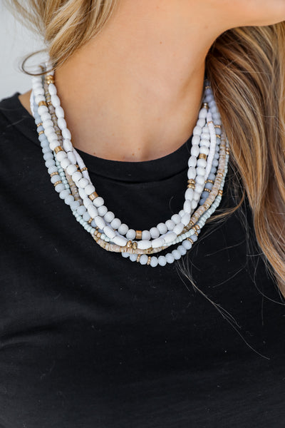 white Beaded Layered Necklace on model