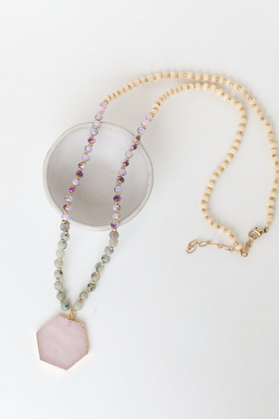 pink Beaded Stone Necklace flat lay