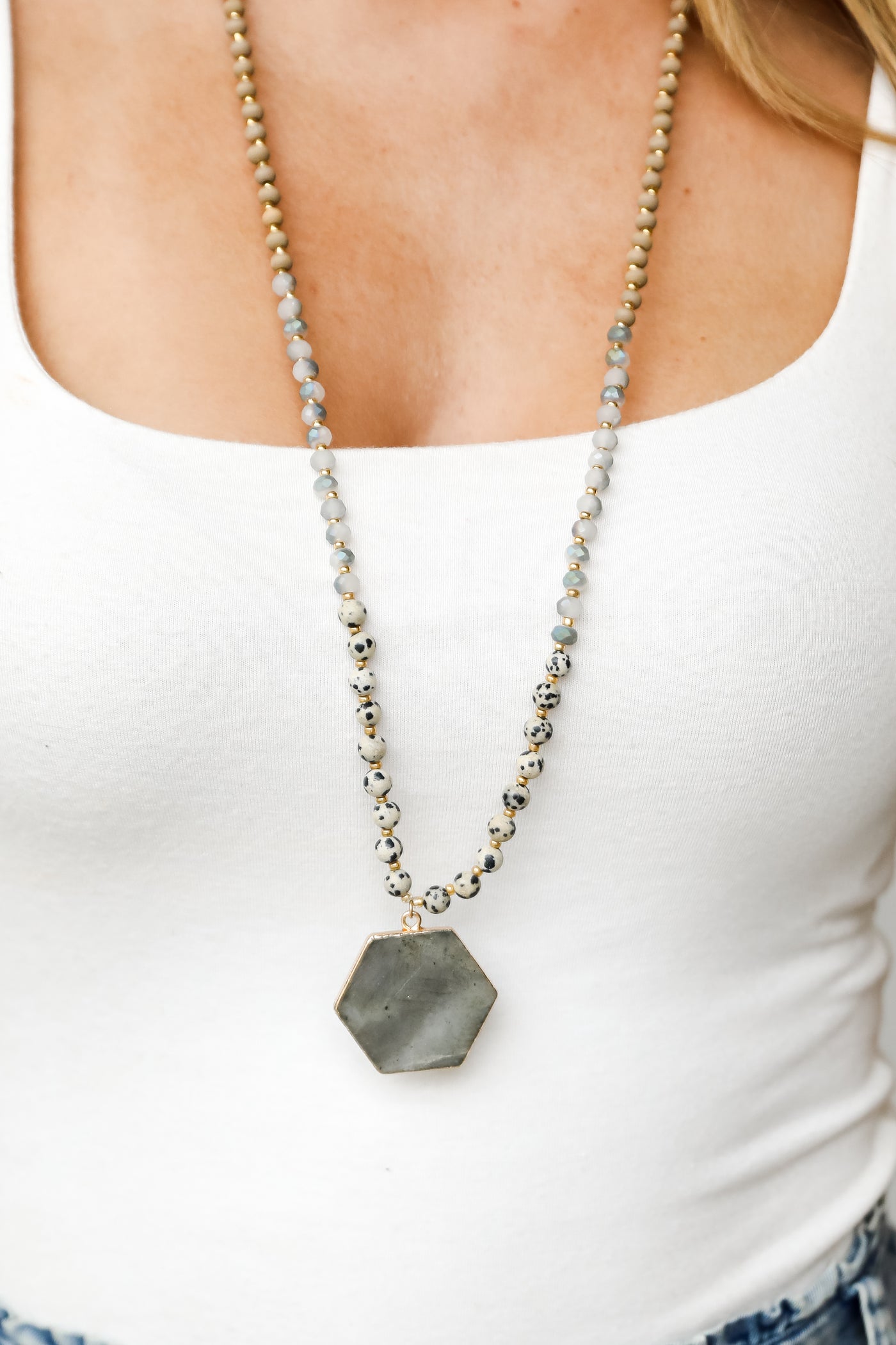 grey Beaded Stone Necklace on model
