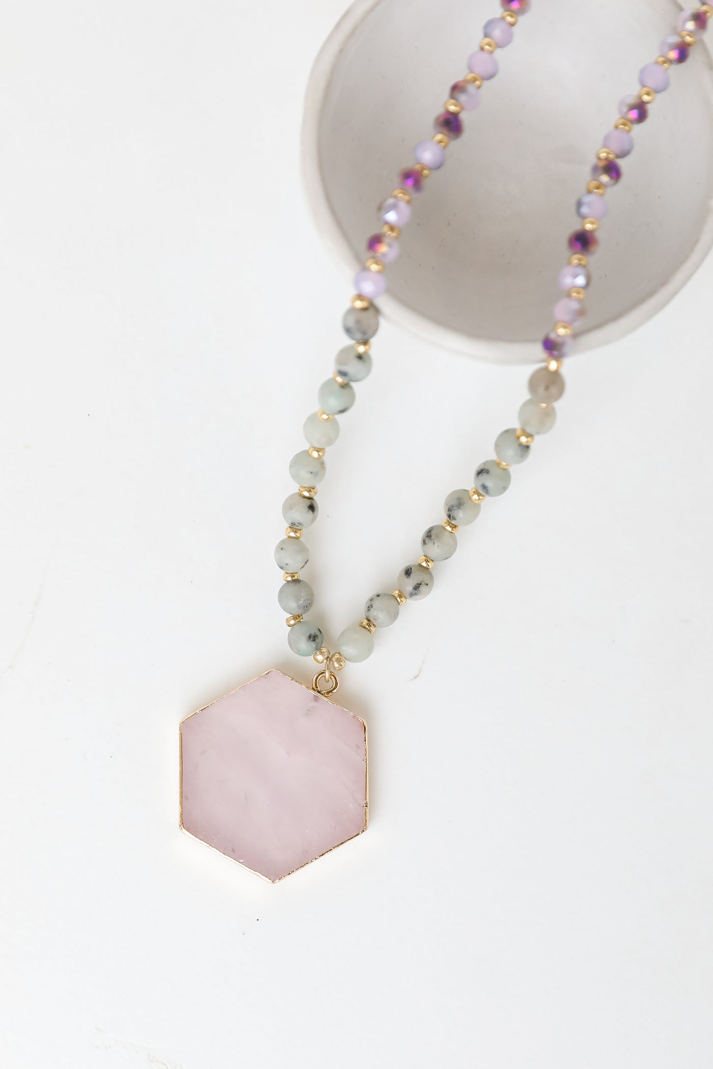 pink Beaded Stone Necklace close up