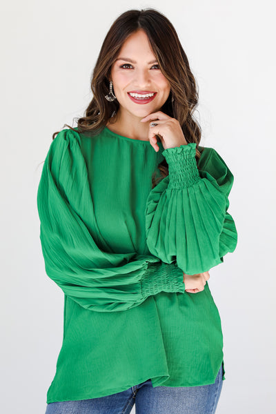 green pleated sleeve blouse