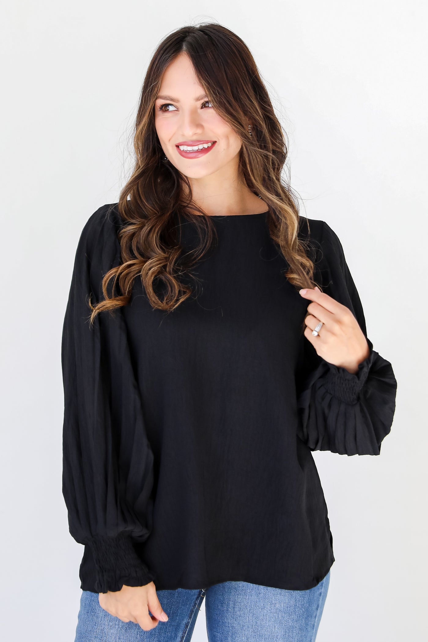 black pleated sleeve blouse