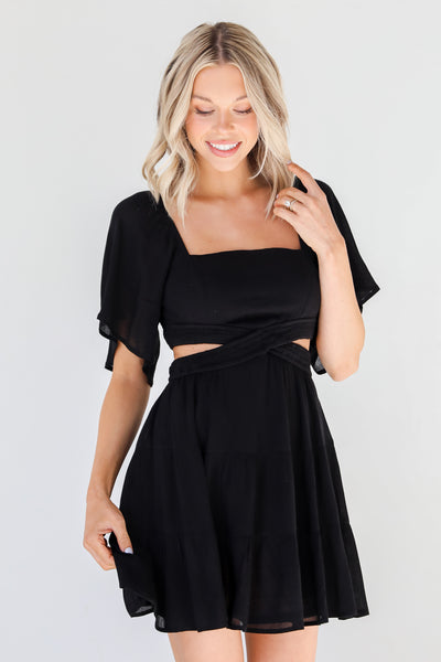 black Cutout Mini Dress on dress up model