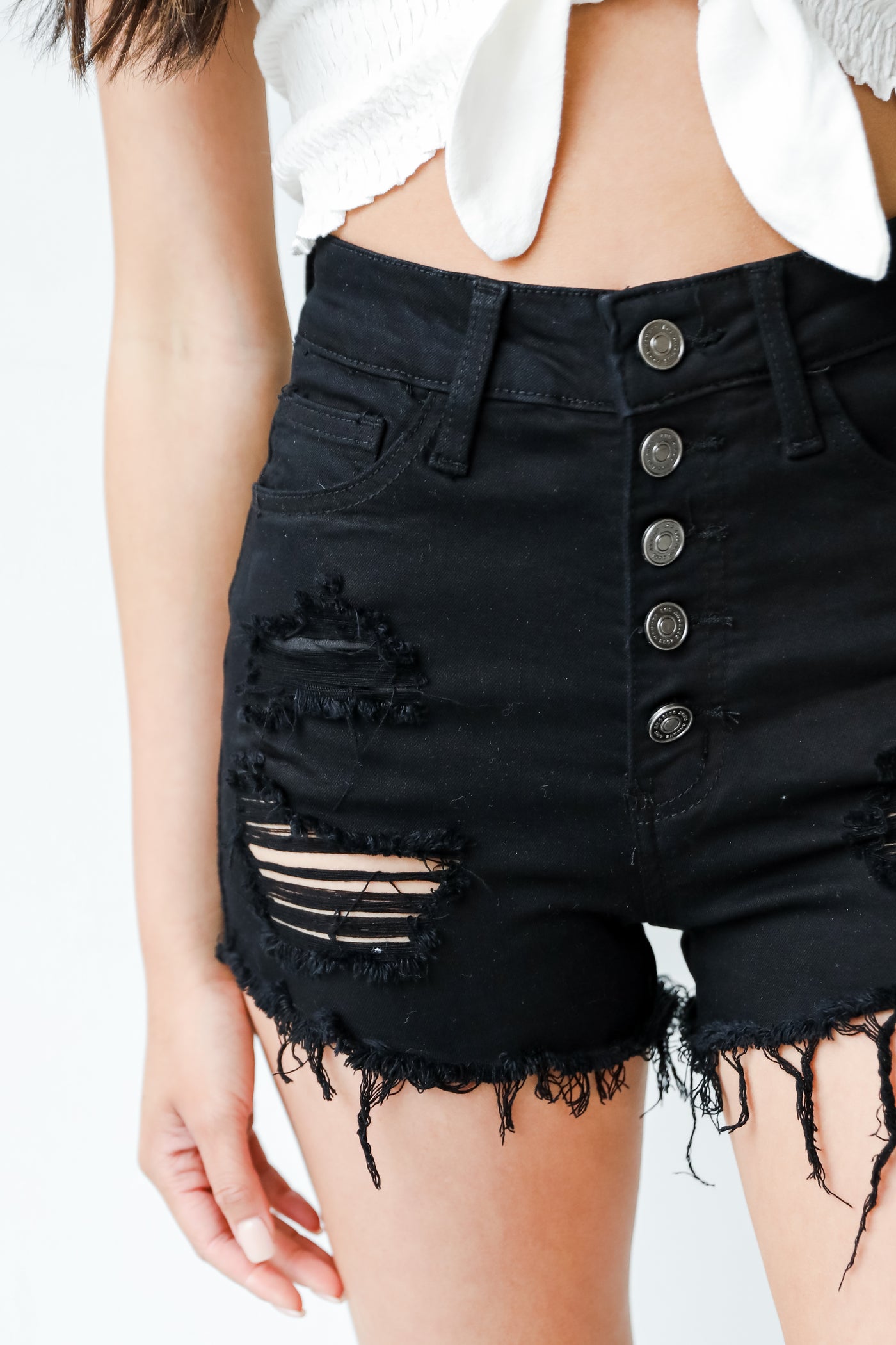 Black Distressed Denim Shorts close up