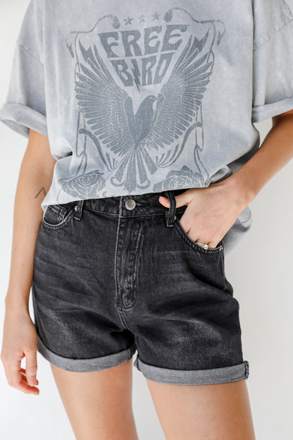 Black Denim Shorts on model