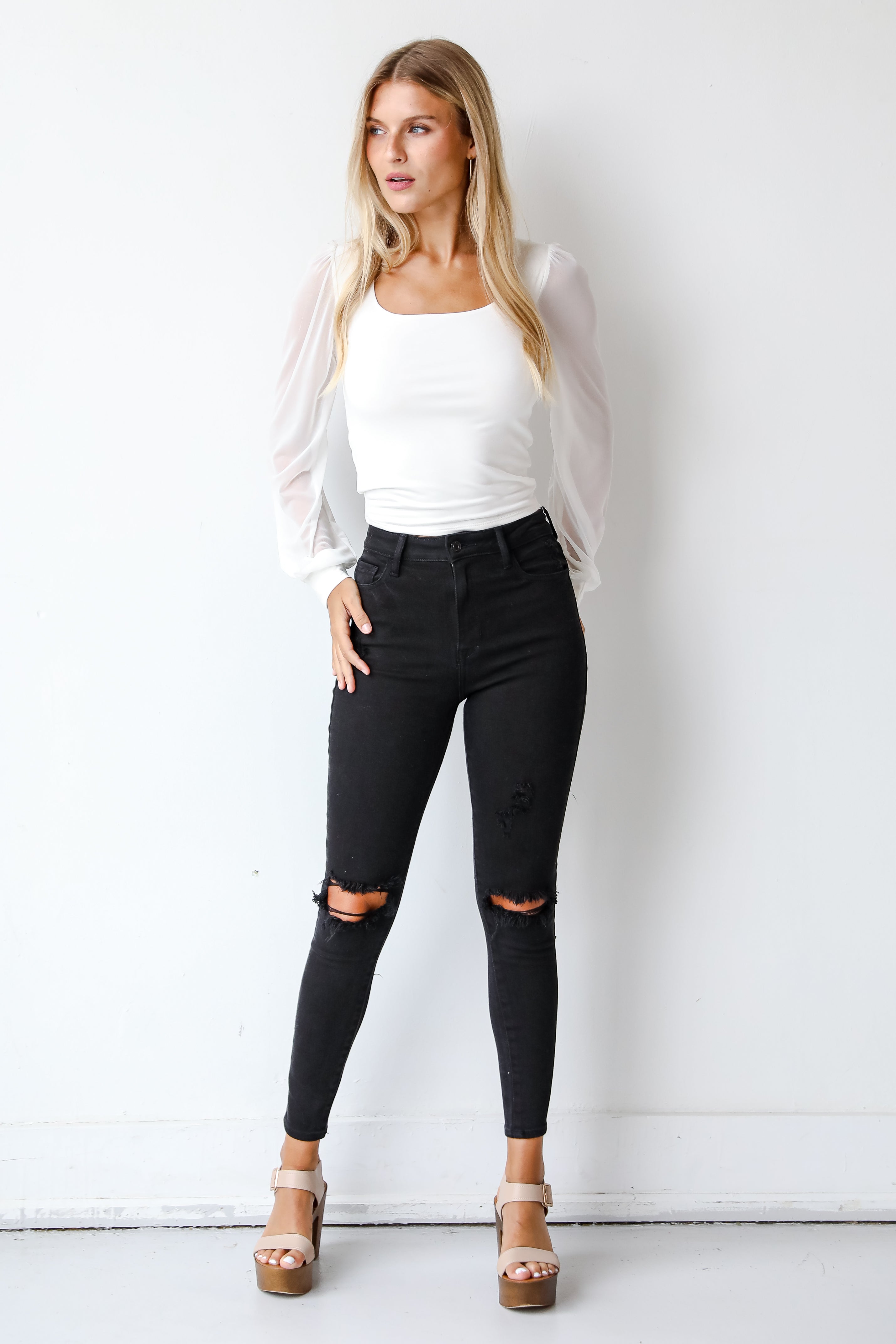 Black Distressed Skinny Jeans front view