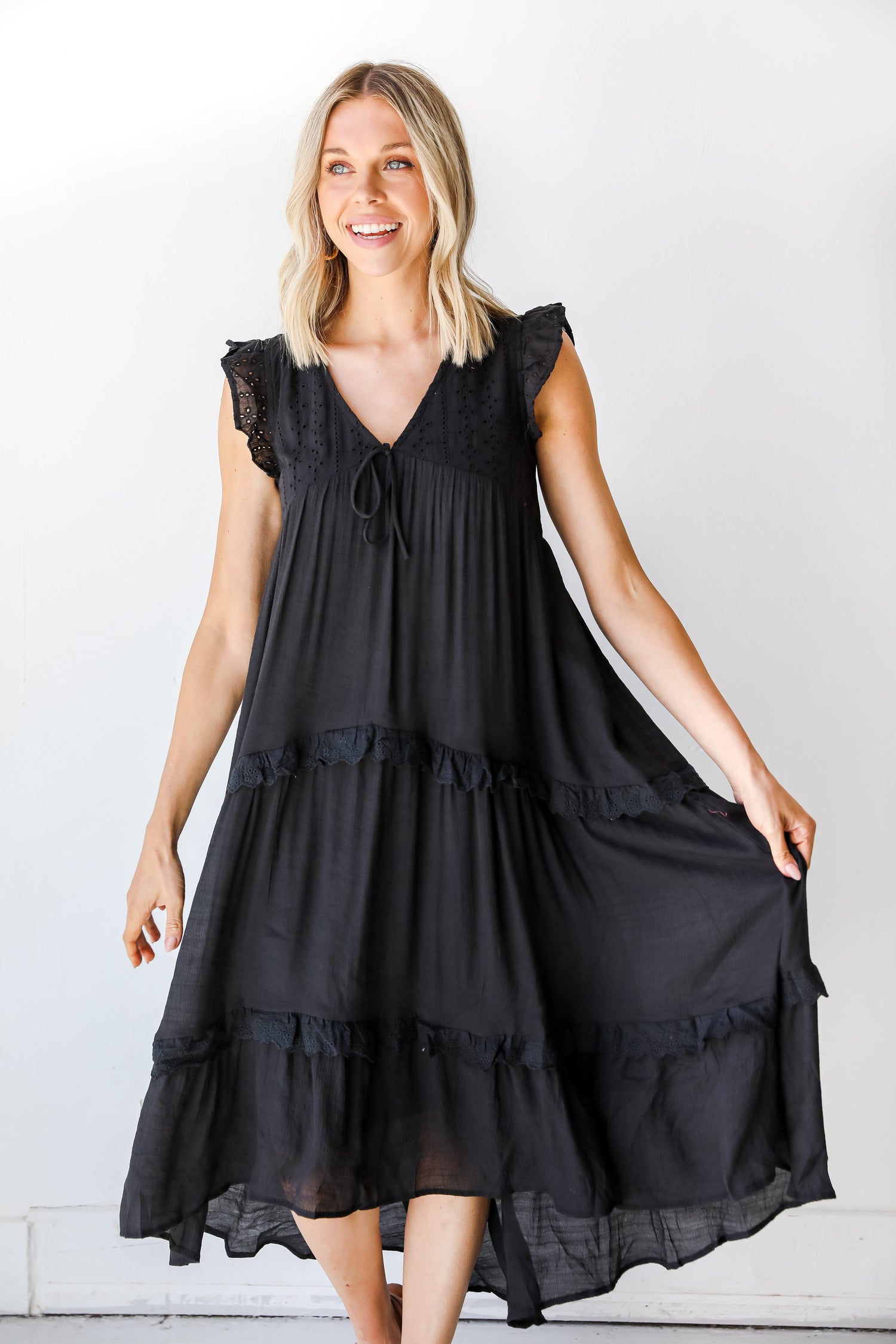 Eyelet Tiered Midi Dress on model