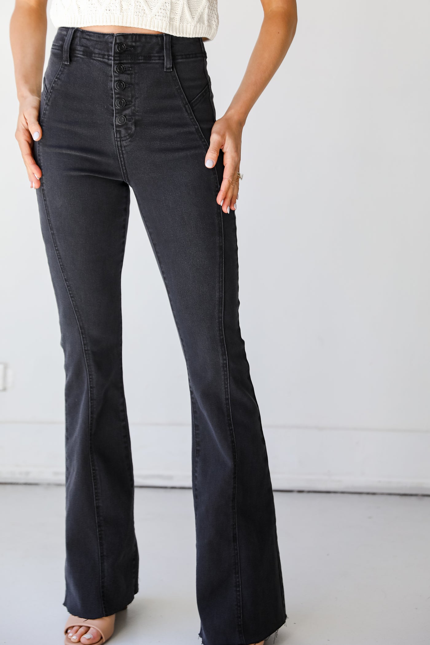 Black Flare Jeans on model