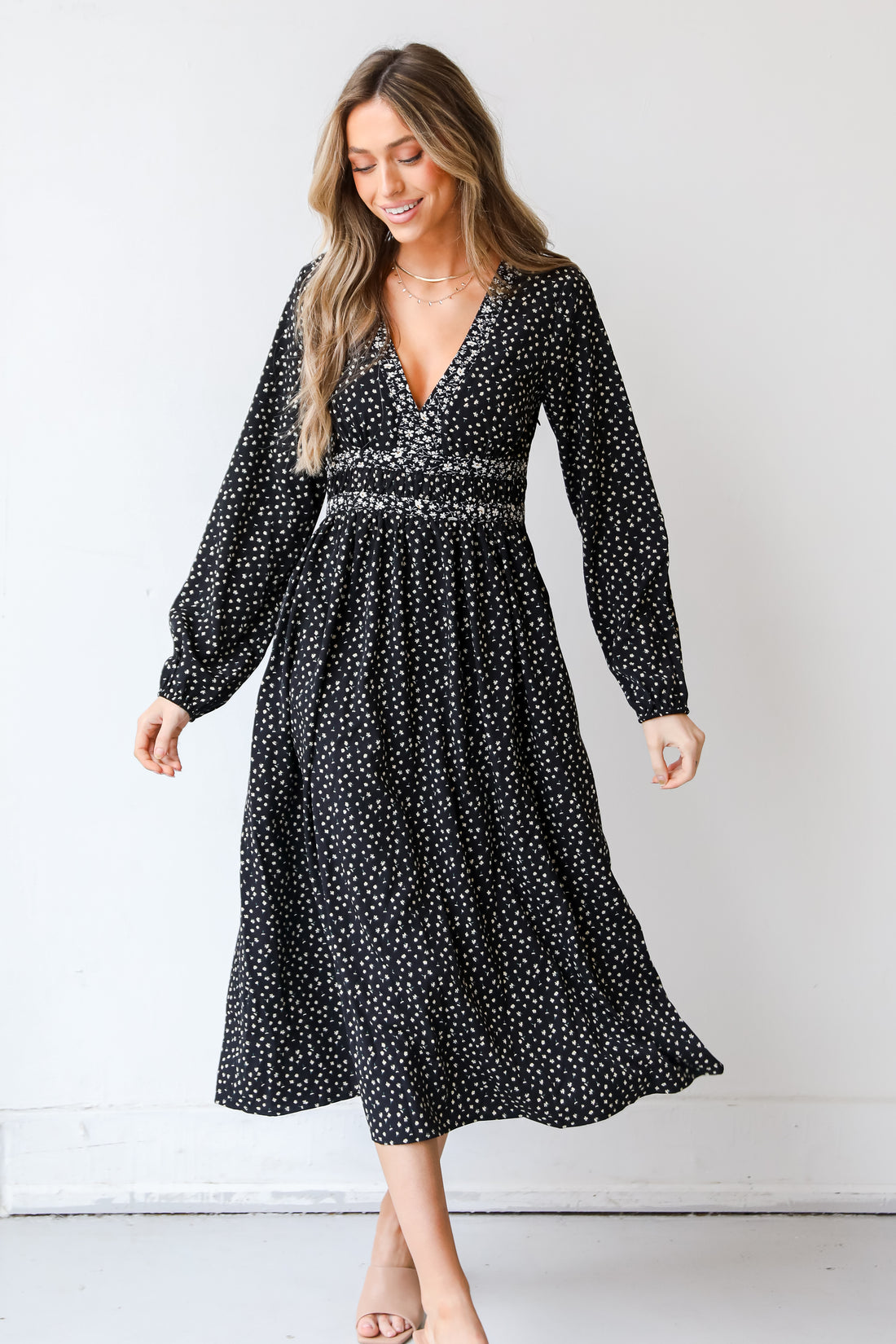 black Floral Midi Dress on model