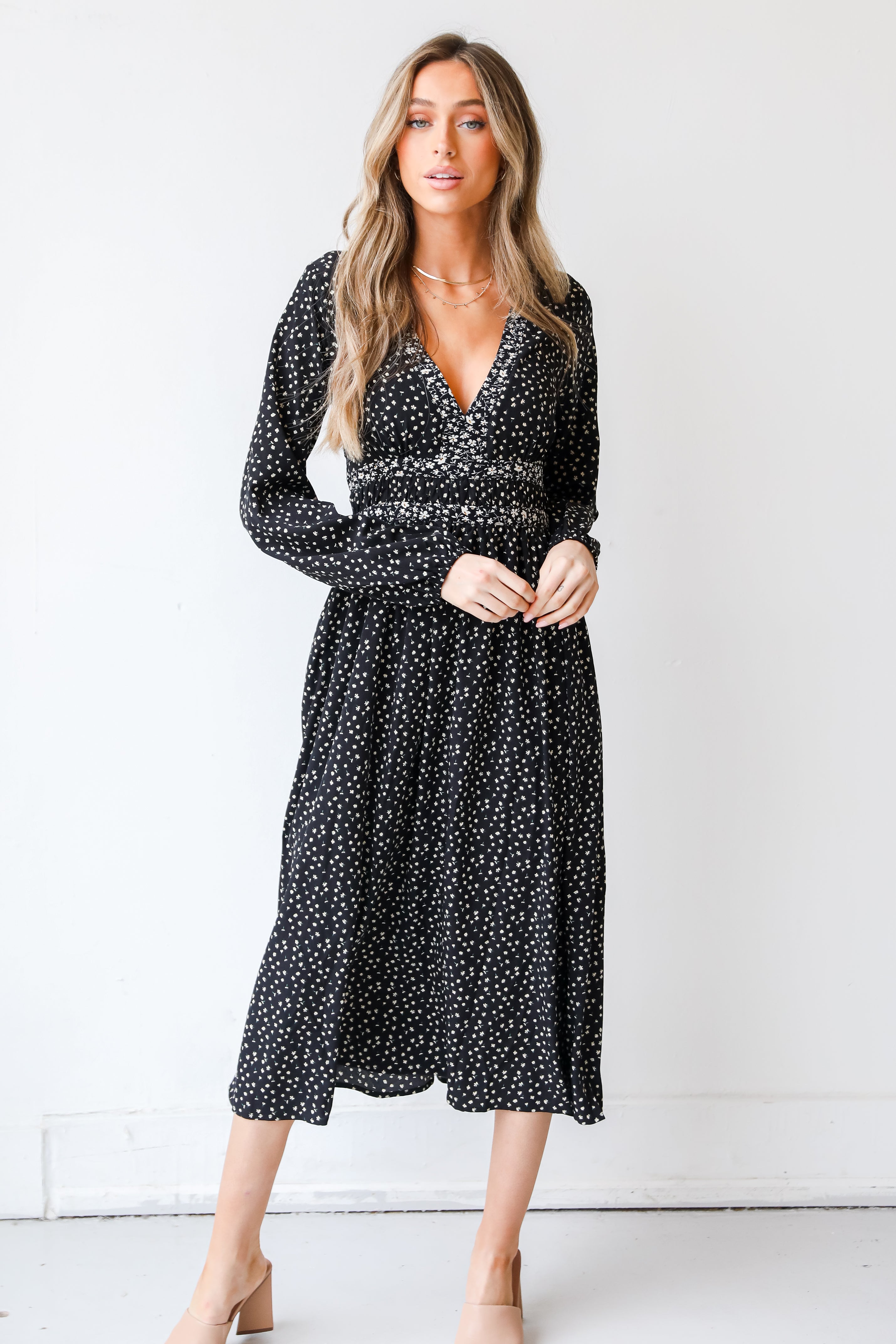 black Floral Midi Dress front view