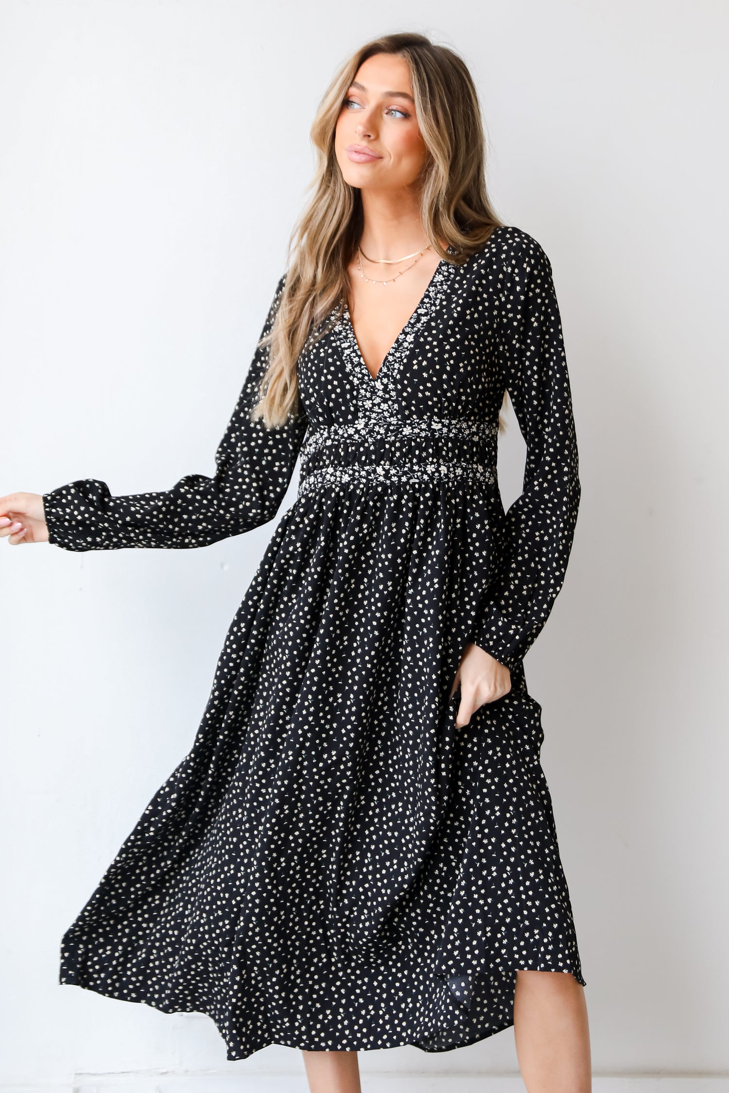 black Floral Midi Dress