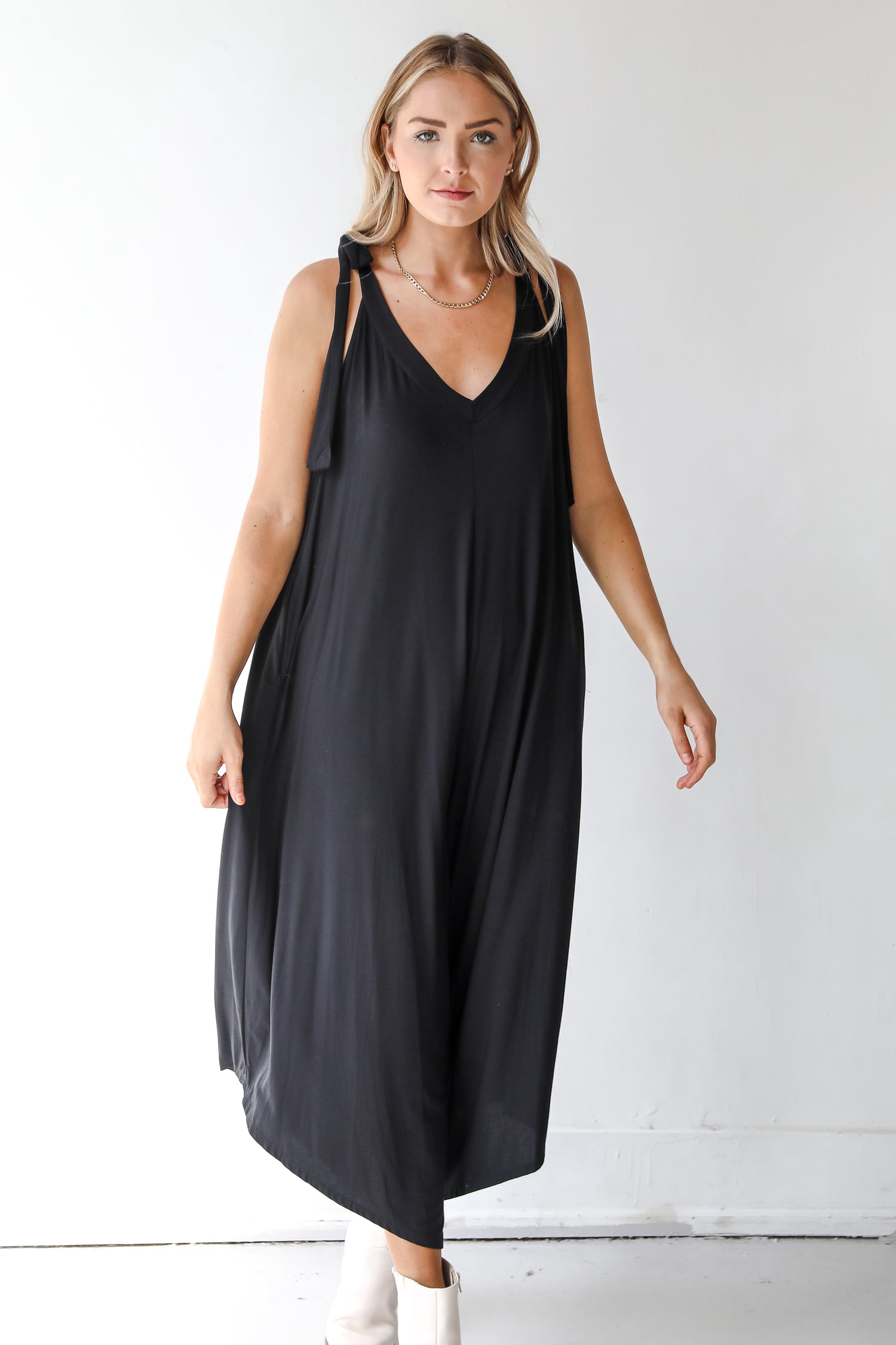 black jumpsuit on model