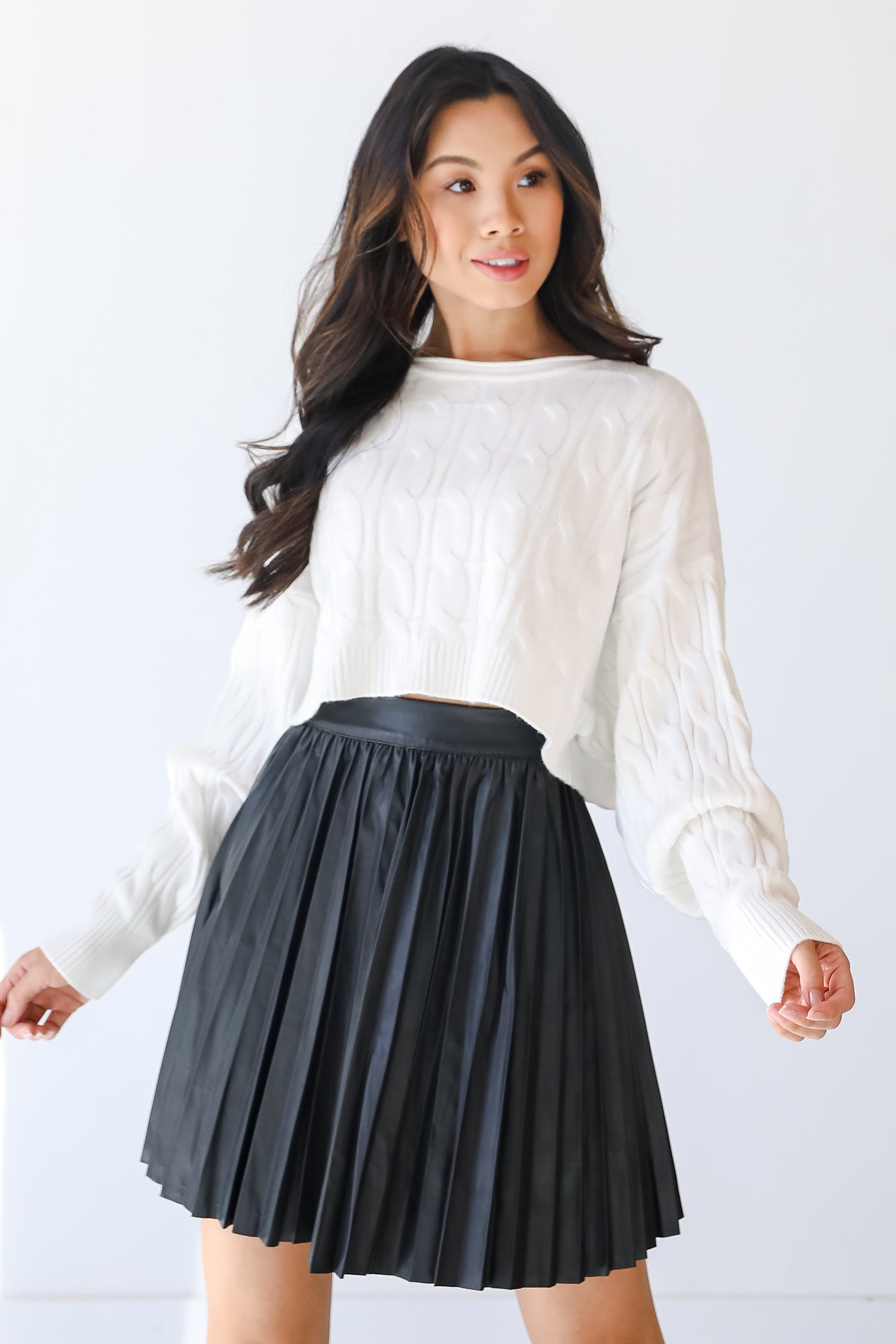 Pleated Faux Leather Skirt on model