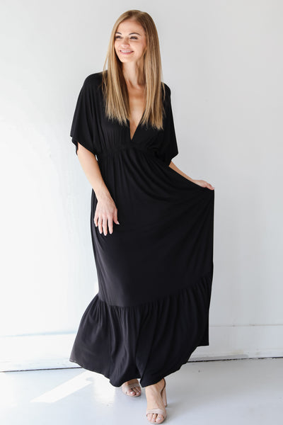 black maxi dress on model