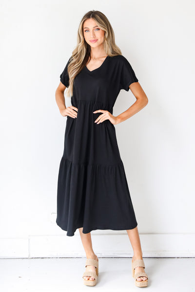 black Tiered Midi Dress on model