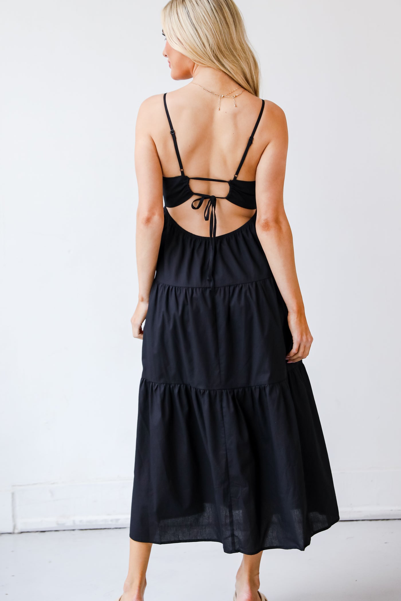 black Tiered Midi Dress back view