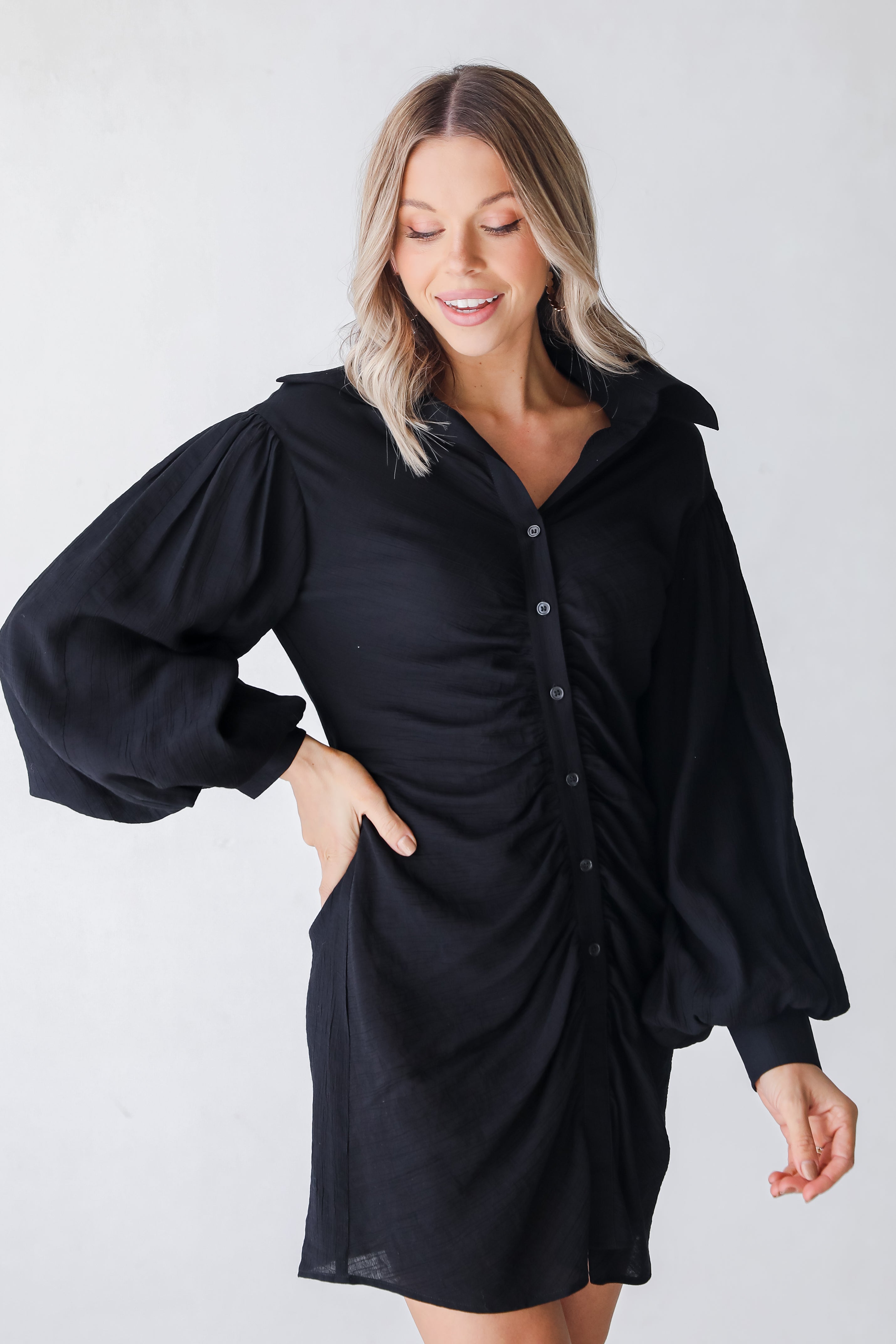 black Ruched Mini Dress