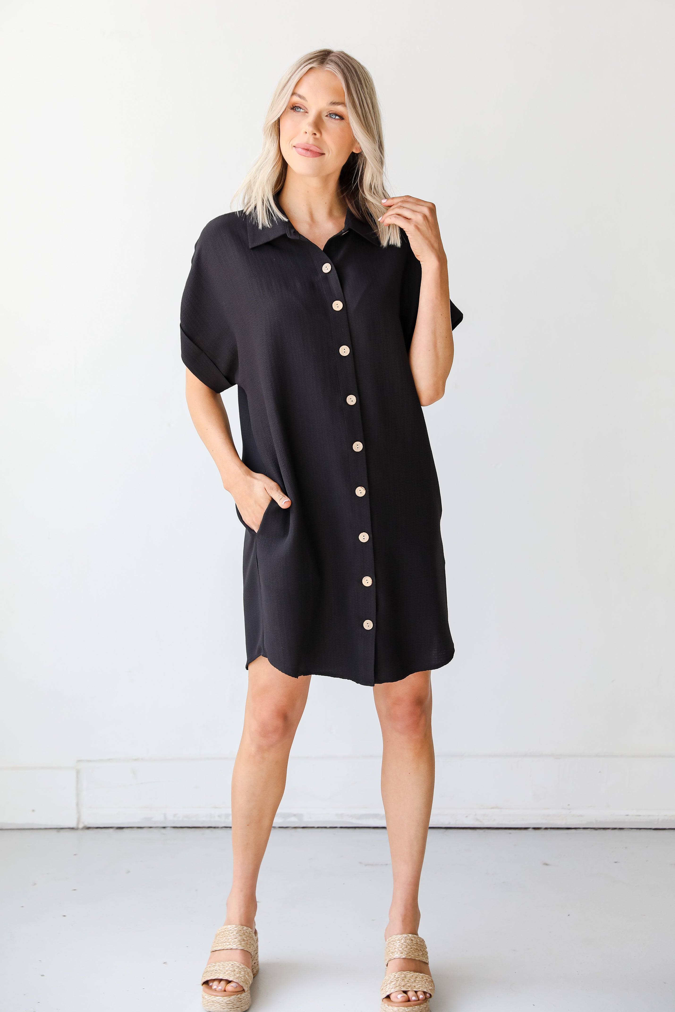 black shirt dress on model