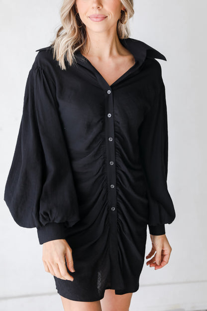 black Ruched Mini Dress close up