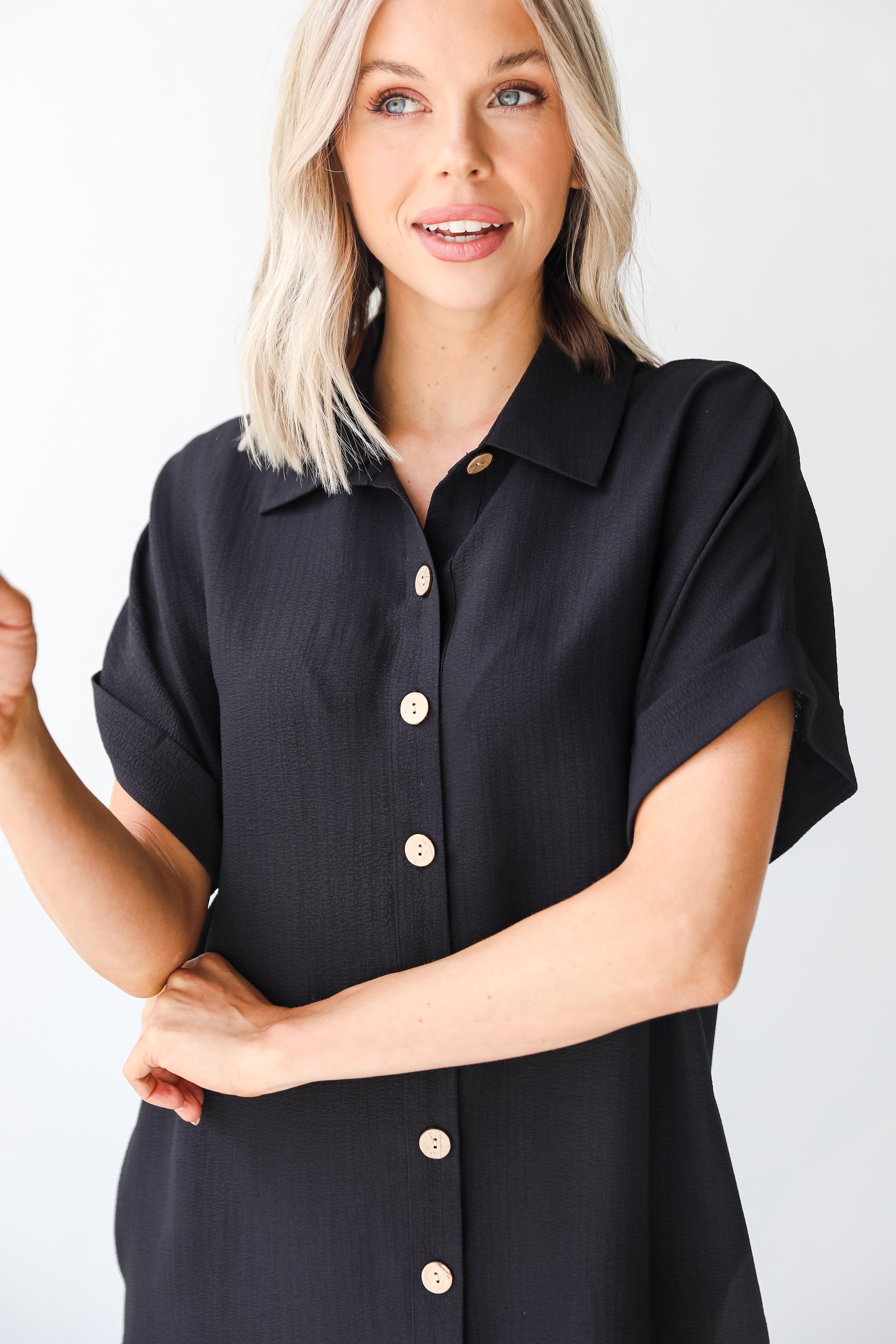 black shirt dress close up